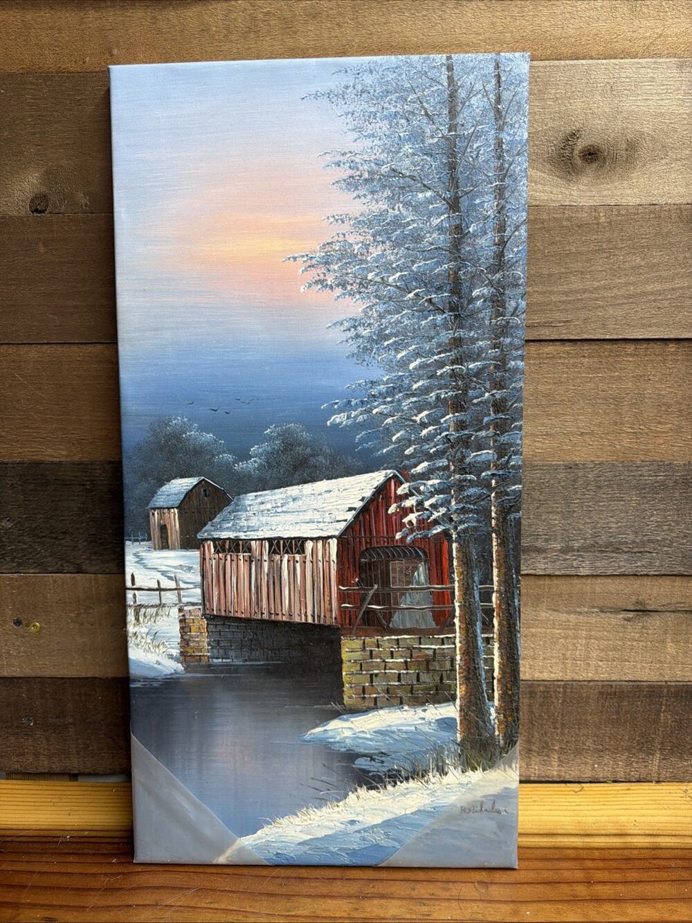 K. Michaelson Oil Painting on Canvas Signed Unframed Covered Bridge Winter 24”